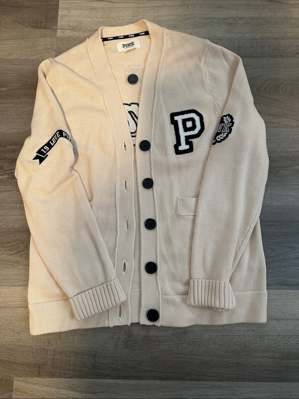 New PINK Victoria's Secret Cream Cardigan with Black Patch Accents